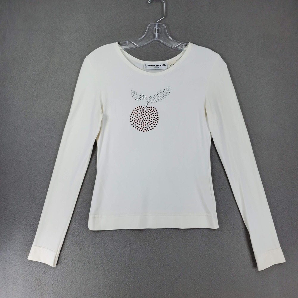 Sonia Rykiel Long Sleeve T-Shirt Women M White Rhinestone Cherry Y2K Designer